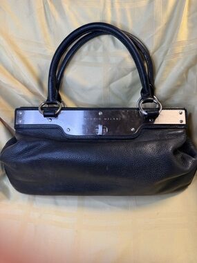ANTONIO MELANI Black Pebbled Leather Satchel with Polished Metal Trim
